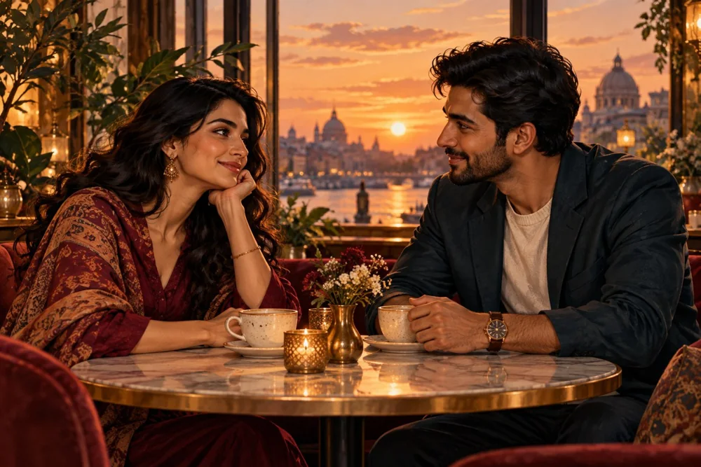 Ek couple café mein relaxed conversation karte hue