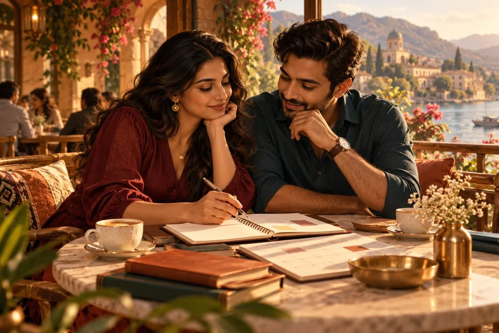 Ek couple apne plans ek notebook mein discuss karta hua